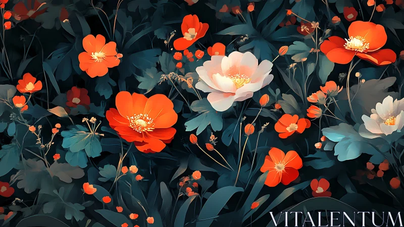 Floral composition with orange blooms and teal foliage on dark background.