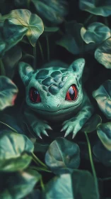 Cute green creature hiding among lush leaves in forest.