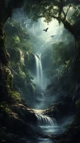 Vertical rainforest gorge renders cascading multi-tier waterfall