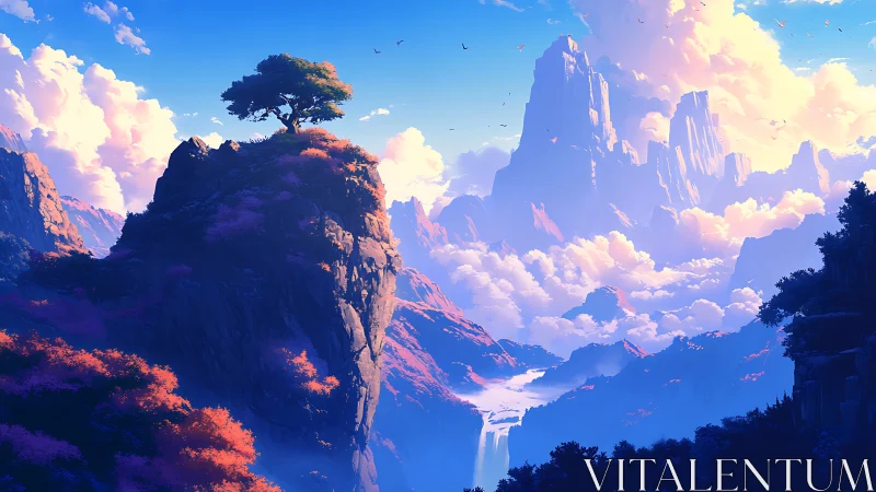 Solitary tree crowns a glowing valley of mist and peaks