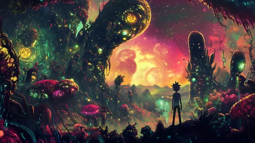 Silhouetted wanderer studies glowing alien valley sky