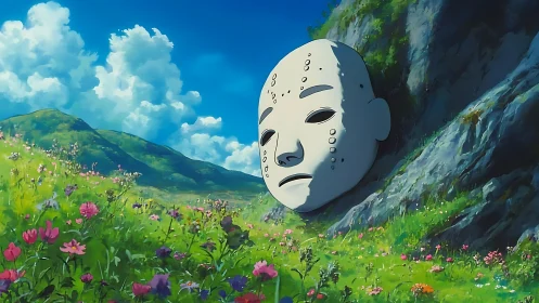 Giant ceremonial mask embedded in rocky hillside above meadow