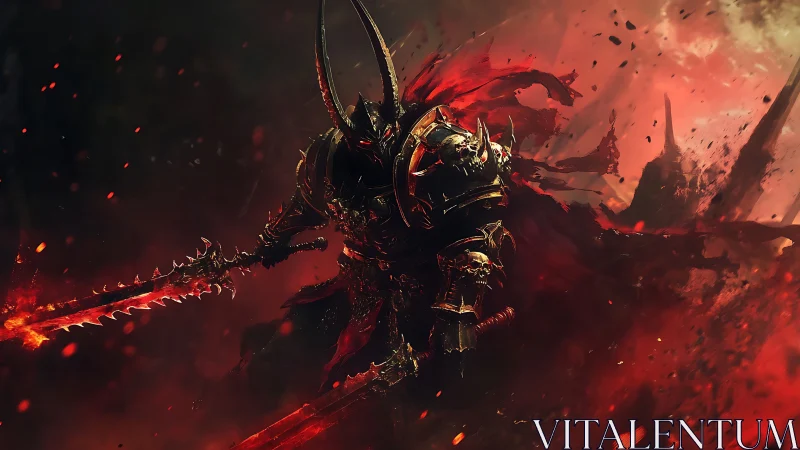 Infernal warlord with bifurcated flame blades in chaos storm.