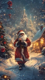 Santa in glowing snow village under cathedral lights.