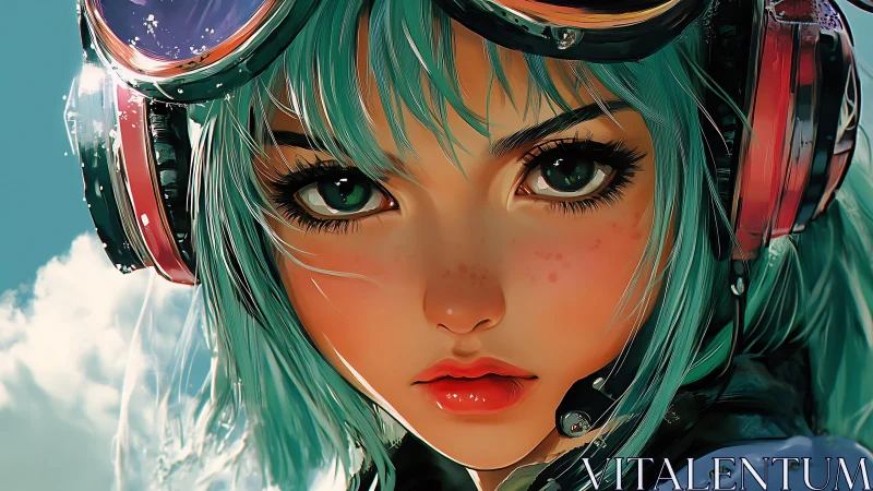Aviator portrait of teal haired anime girl in glossy headset