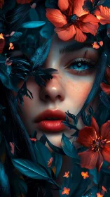 Midnight muse entangled in ember-bright forest blooms.