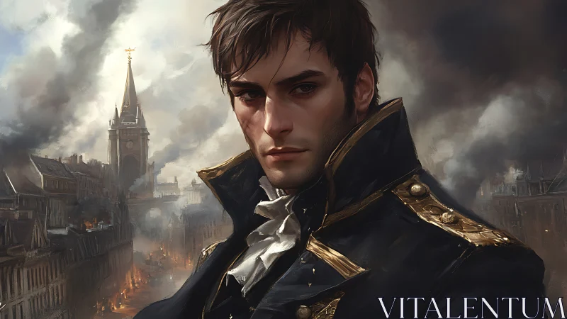 Brooding naval officer stands amid burning revolutionary city