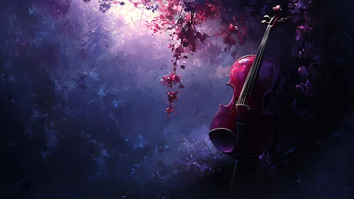 Midnight garden violin resting in dreamy violet glow.