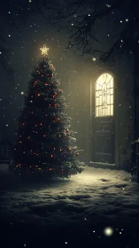 Snowlit Christmas tree glows beside an ornate doorway at night