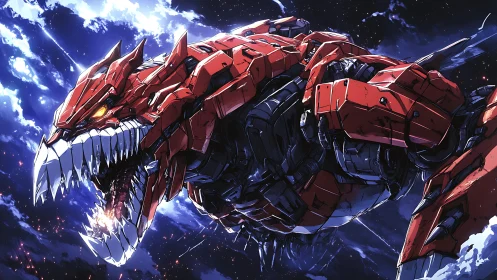 Red orbital mecha-dragon with exposed servos and plasma maw