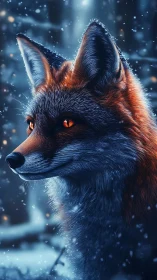 Winter fox portrait with glowing amber eyes in snowfall.