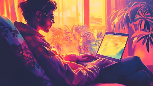 Backlit remote worker using laptop in high-saturation sunset palette