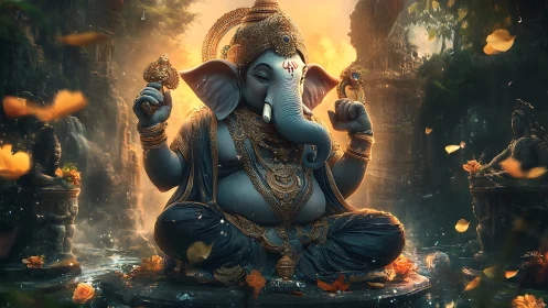 Digital depiction of Ganesha statue in ornate jungle shrine.