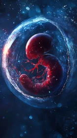 Embryonic red form suspended in luminescent fluid sphere.