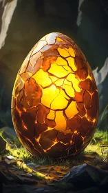 Cracked luminous egg object rests on a forest floor surface