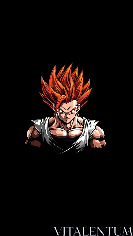 Fiery haired anime warrior bust on stark black field.