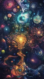 Cosmic world tree igniting swirling galaxies and nebulae.