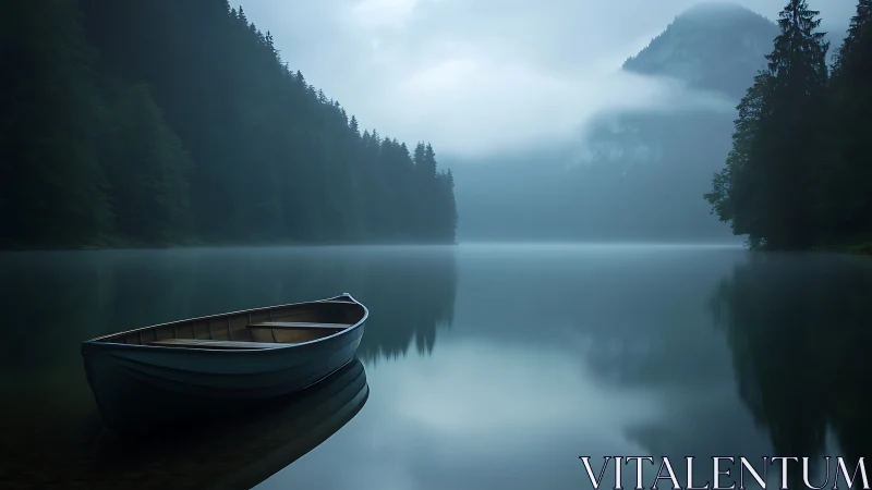 Rowboat on misty forest lake at dawn in soft blue light.