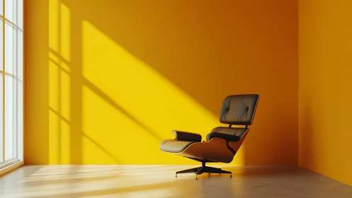 Midcentury lounge chair in sunlit monochrome ochre interior