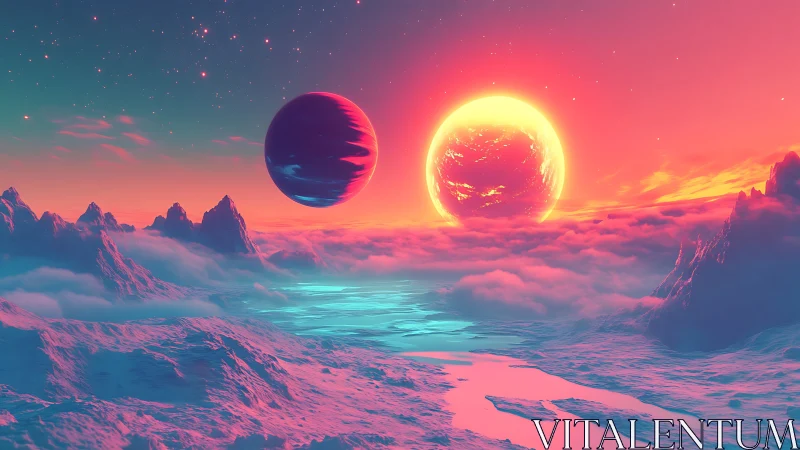 Binary suns ignite neon alien ice valley in cosmic dusk.