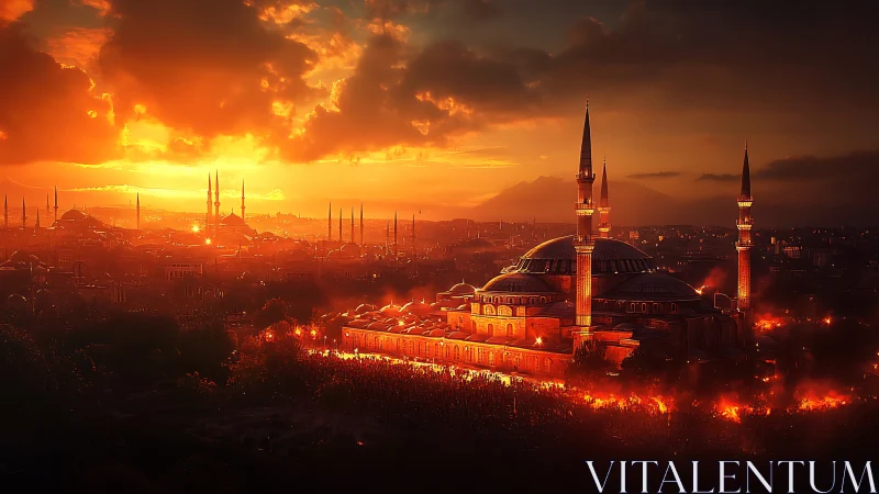 Sunset-ignited mosque skyline renders dramatic architectural glow