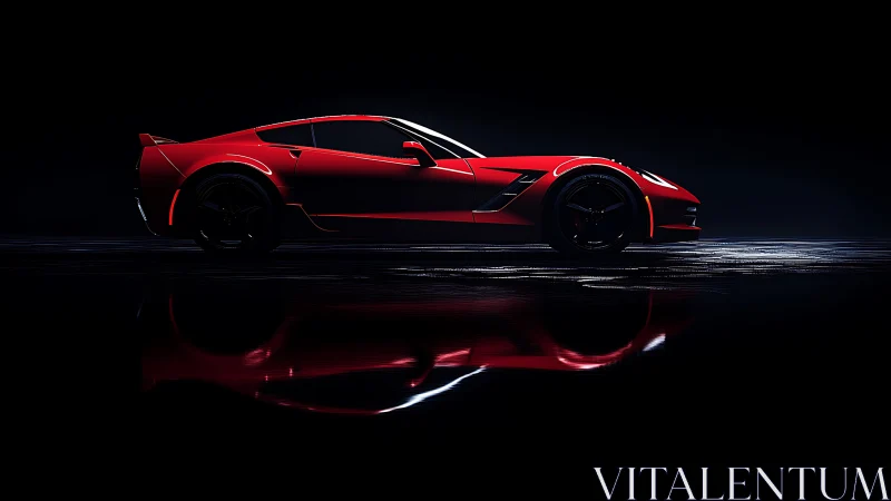 Lateral profile of red performance coupe in controlled low-key lighting.