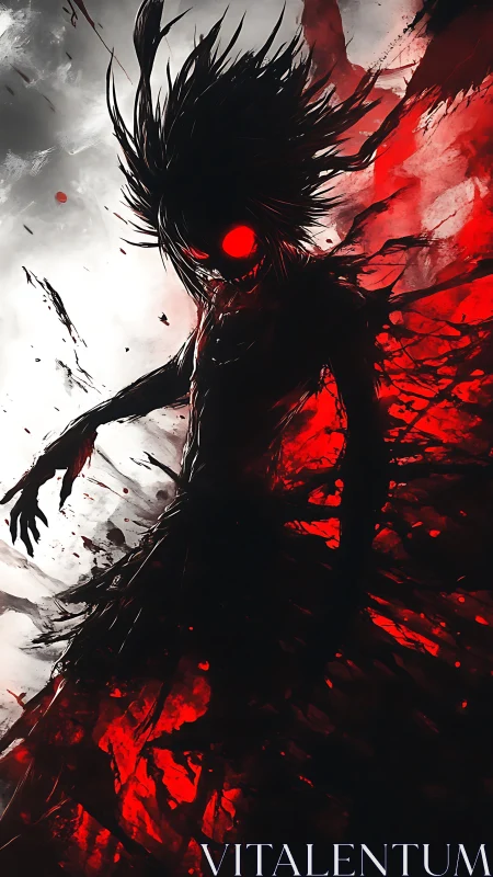 Shadow entity with red ocular core amid splatter bifurcation