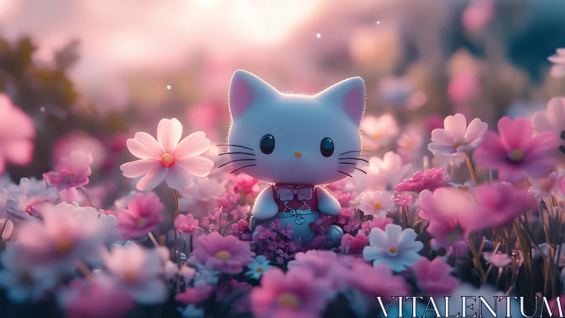 Ceramic Cat Character Positioned Among Luminous Cosmos Blossoms