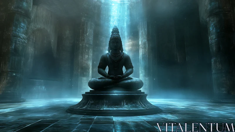 Seated stone deity statue in dimly lit subterranean hall.