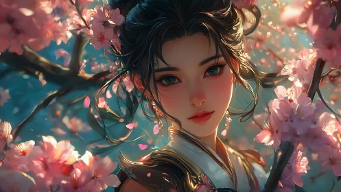 Blossom crowned warrior maiden beneath drifting spring petals.