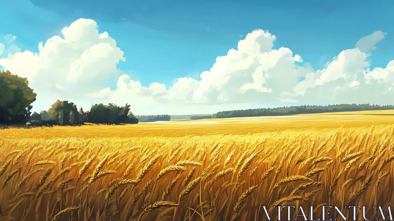 Golden wheat field extends toward distant tree line under clouds
