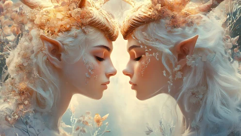 Symmetric elven twins render with horned crowns and floral particle detailing