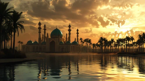 Rendered mosque complex stands by reflective water at sunset