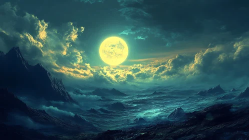 Large luminous moon illuminates rugged ocean landscape