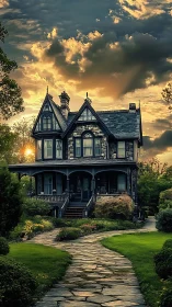 Gothic Victorian manor rendered in dramatic sunset lighting