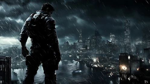 Armored figure overlooking dense city skyline in heavy rain.