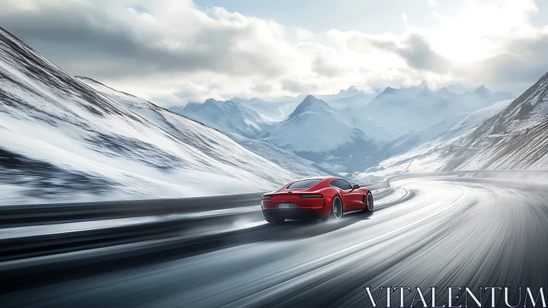 Red sports car cuts through a sweeping frozen mountain highway