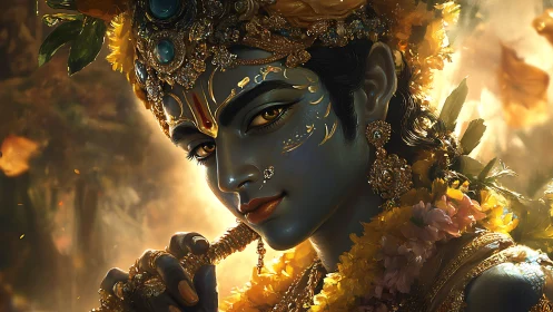 Blue-skinned adorned figure holds flute in warm backlight