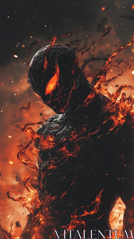 Molten shadow entity emerging through roaring lava flames.