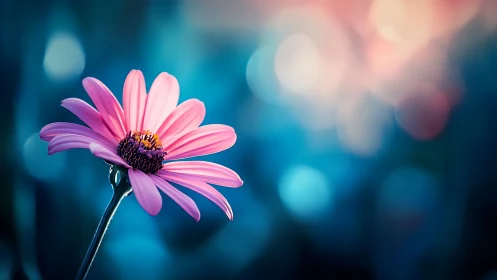Pink Gerbera Daisy Against Blue Bokeh Background