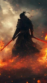 Armored swordsman with twin blades in burning landscape.