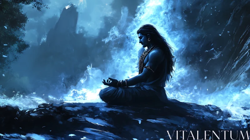 Serene blue figure meditates calmly within swirling light