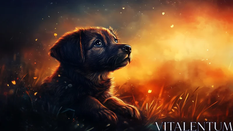 Digital canine portrait presents side profile in glowing field