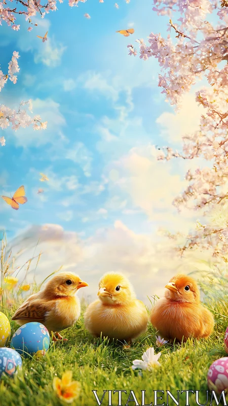 Spring chicks amid blossoms and painted Easter eggs.
