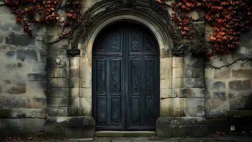 Gothic stone doorway with dark wooden doors and ivy.