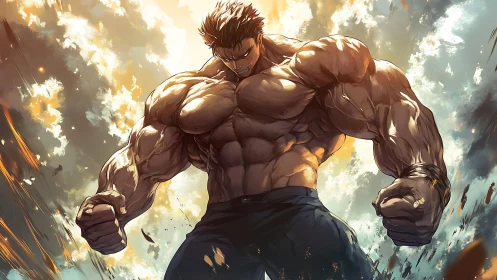 Titanic muscular warrior stands under erupting sky