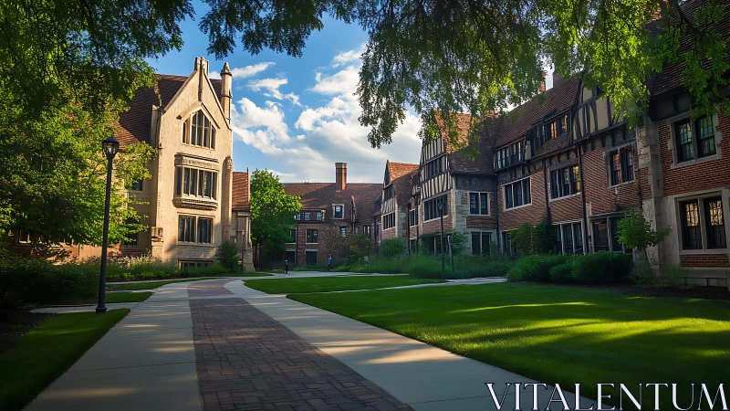 Sunny collegiate courtyard with brick academic buildings.