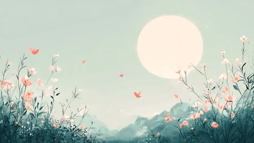 Pastel wildflower meadow under oversized pale moon glow.