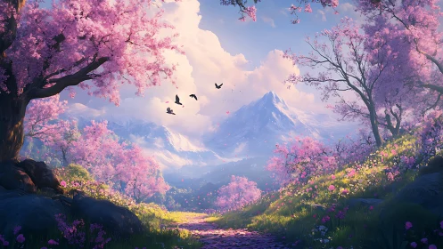 Cherry blossom valley frames snowcapped mountain sunrise.