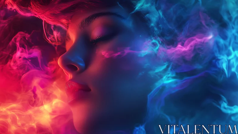 Chromatic portrait of serene woman in neon vapor clouds.